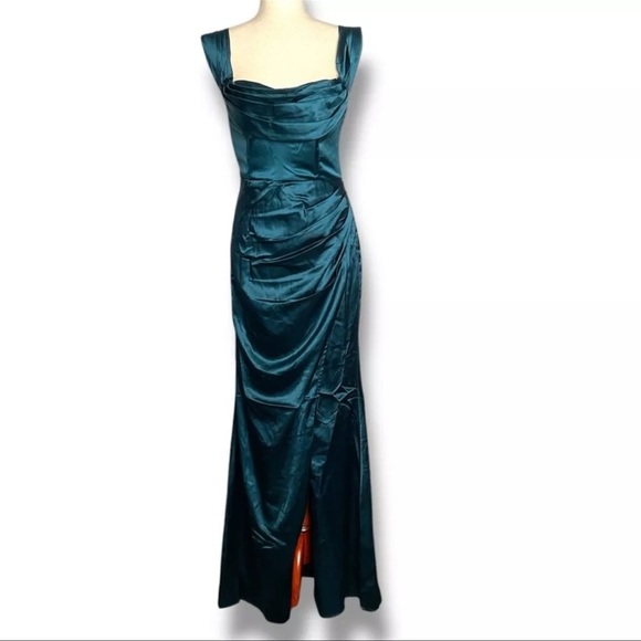 Lulu’s Dark Teal Stunning Arrival Draped Bust Off Shoulder Gown Size Medium - Picture 3 of 9